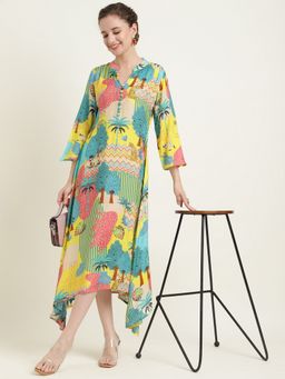 Zari Jaipur - Blue Cotton Asymmetric Hem A-Line Midi Dress