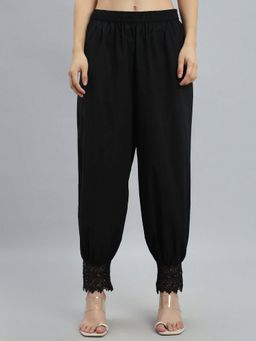 Go Colors - Black Solid Relaxed Fit Pure Cotton Mid Rise Lace Salwar