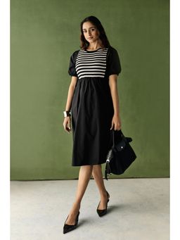 Zari Jaipur - Black Cotton Puff Sleeves Stripes Flared Midi Dress