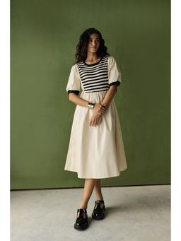 Zari Jaipur - Cream Cotton Puff Sleeves Stripes Flared Midi Dress