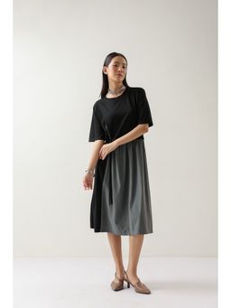 Zari Jaipur - Grey Cotton Colourblock A-Line Midi Dress