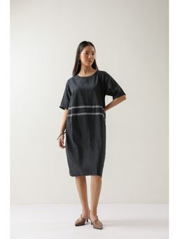 Zari Jaipur - Black Cotton Embroidered A-Line Midi Dress