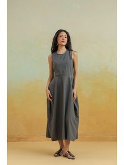 Zari Jaipur - Grey Cotton Sleeveless A-Line Midi Dress