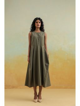 Zari Jaipur - Green Cotton Sleeveless A-Line Midi Dress