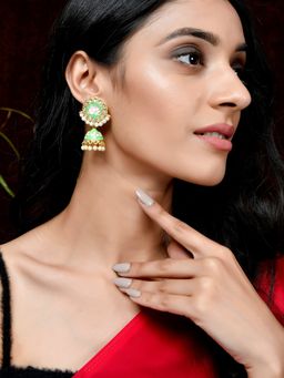 Silvermerc Designs - Gold & Green Toned Kundan Studded Handcrafted Floral Drop Earrings