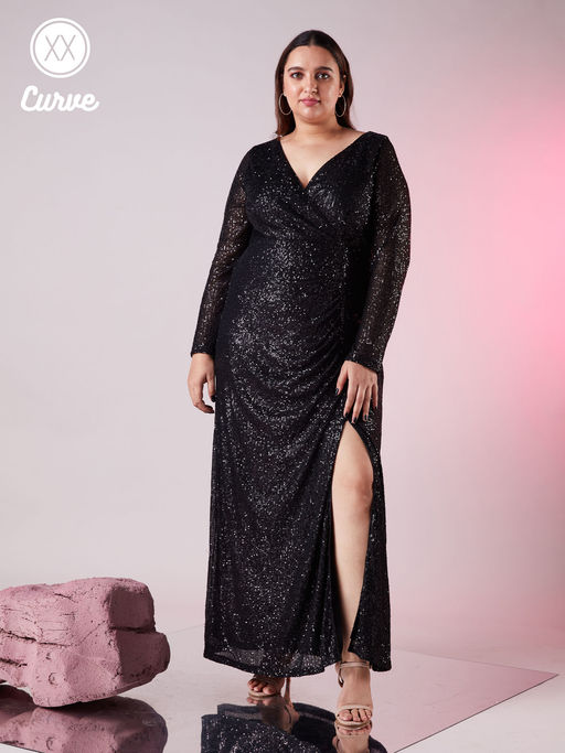 knee length dresses for ladies Curve Black Solid V-Neck Wrap Belted Maxi Dress  Berrylush