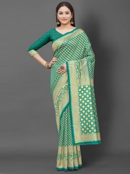 Akhilam - Womens Silk Blend Teal Woven Design Celebrity Saree with Unstitched Blouse
