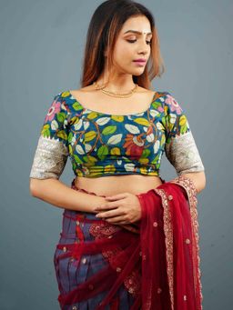 Shobitam - Womens Silk Kalamkari Blue Stitched Blouse