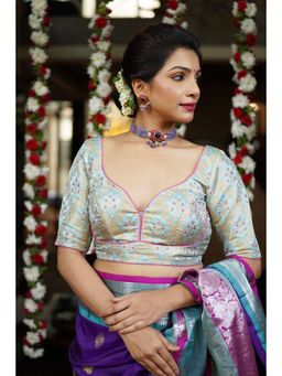 Shobitam - Womens Silk Blue Floral Stitched Blouse