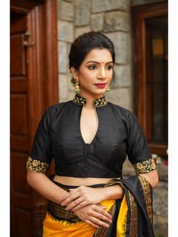 Shobitam - Womens Silk Half Sleeves Embroidered Black Stitched Blouse