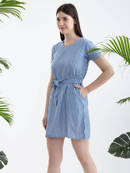 Clovia - Cotton Stripes Short Nightdress Blue