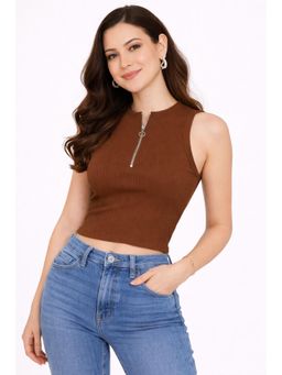 Twenty Dresses by Nykaa Fashion - Brown Half Open Zipper Crop Top In Broad Lycra Rib Fabric