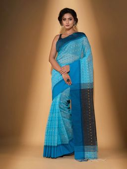 Beatitude - Blue Handspun Cotton Woven Saree with Unstitched Blouse