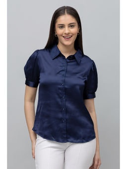 PURYS - Women Navy Blue Satin Solid Shirt