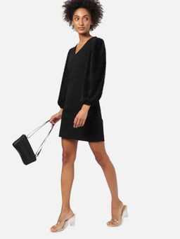 PINACOLADA - Womens Solid Black Long Puff Sleeve Slim Fit Dress