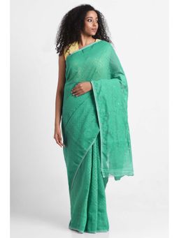Via East - Sea Green Cotton Jamdani Saree with Unstitched Blouse