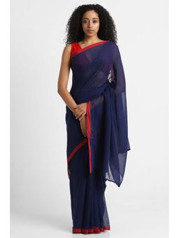 Via East - Navy Blue Mul Cotton Rooh Saree with Unstitched Blouse