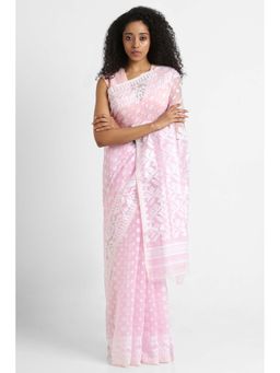 Via East - Blush Pink Cotton Jamdani Saree with Unstitched Blouse