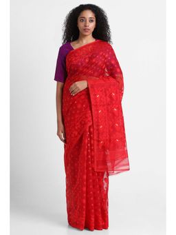 Via East - Red Cotton Jamdani Saree with Unstitched Blouse