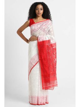 Via East - White Cotton Jamdani Saree with Unstitched Blouse