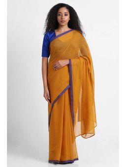 Via East - Mustard Blue Mul Cotton Rooh Saree with Unstitched Blouse