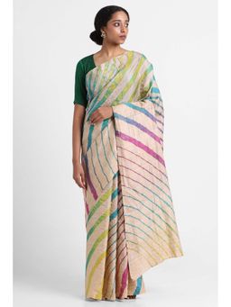 Via East - Beige Tussar Silk Leheriya Saree with Unstitched Blouse