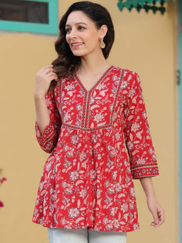 Rain & Rainbow - Women Red Floral Print Cotton Tunic