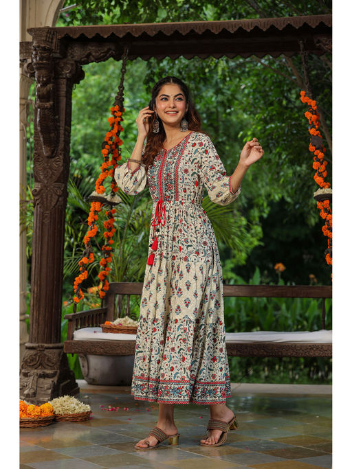 Buy Rain & Rainbow Women Cream Ethnic Motif Printed Sequinned Fit & Flare  Maxi Ethnic Dress Online