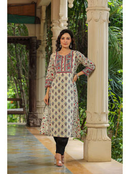 Rain & Rainbow - Women Cream Ethnic Motifs Printed Sequinned Pure Cotton A-Line Kurta