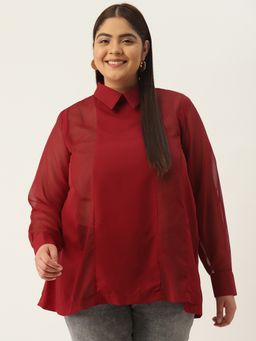 theRebelinme - Plus Size Womens Maroon Solid Color Georgette Shirt Collar Longline Top