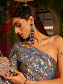 ISHKAARA - Blue Silver Plated Contemporary Cubic Zirconia Drop Earrings