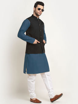 Kraft India - Cotton Denim Blue Kurta and Pyjama with Black Nehru Jacket (Set of 3)