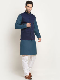 Kraft India - Cotton Denim Blue Kurta and Pyjama with Nehru Jacket (Set of 3)
