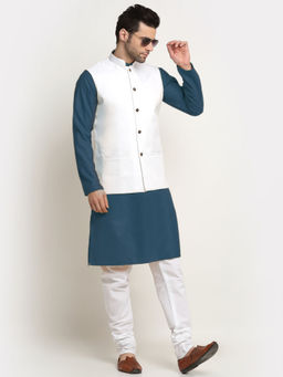 Kraft India - Cotton Denim Blue Kurta and Pyjama with White Nehru Jacket (Set of 3)