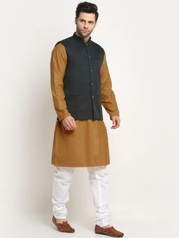 Kraft India - Cotton Gold Tonned Kurta and Pyjama with Green Nehru Jacket (Set of 3)