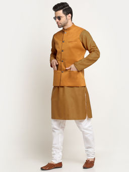 Kraft India - Cotton Gold Tonned Kurta and Pyjama with Mustard Nehru Jacket (Set of 3)
