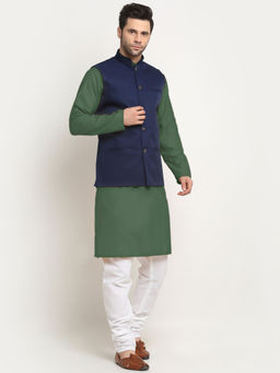 Kraft India - Cotton Olive Green Kurta and Pyjama with Blue Nehru Jacket (Set of 3)