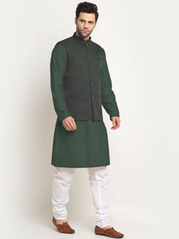 Kraft India - Cotton Olive Green Kurta Pyjama with Black Nehru Jacket (Set of 3)