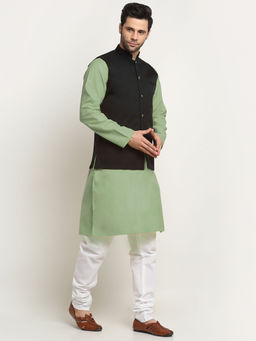 Kraft India - Cotton Green Kurta and Pyjama with Twill Black Nehru Jacket (Set of 3)