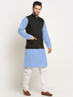 Kraft India - Cotton Sky Blue Kurta and Pyjama with Twill Black Nehru Jacket (Set of 3)
