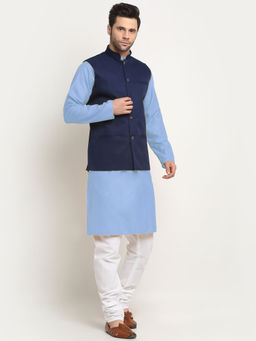 Kraft India - Cotton Sky Blue Kurta and Pyjama with Twill Blue Nehru Jacket (Set of 3)
