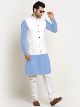 Kraft India - Cotton Sky Blue Kurta and Pyjama with Twill White Nehru Jacket (Set of 3)