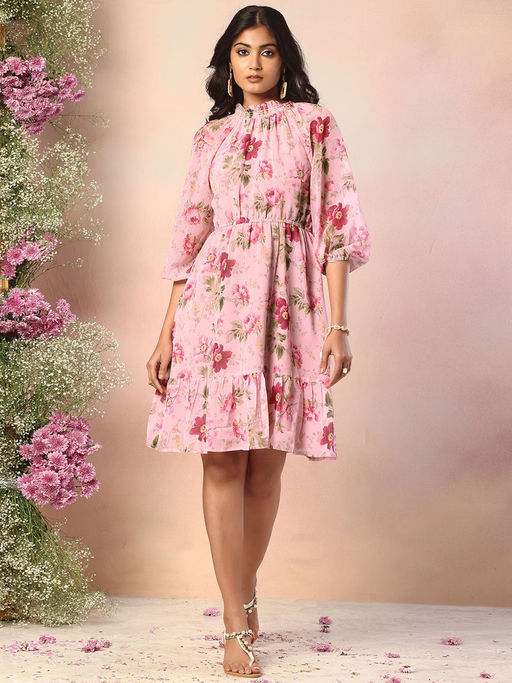 Casual Dresses Faballey Dresses Online Buy FabAlley Light Pink Floral Print  High Neck Skater Dress Online