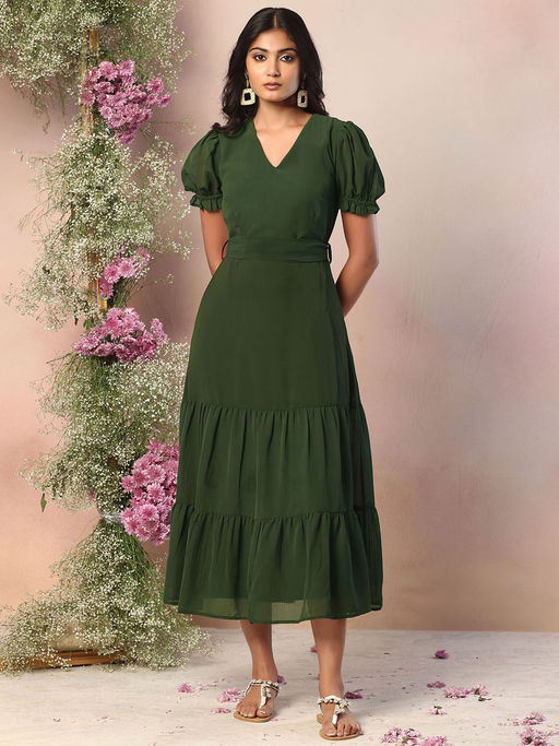 slim fit dress slacks Green Printed V-Neck Short Sleeve Midi Dress – AX Paris main image 1