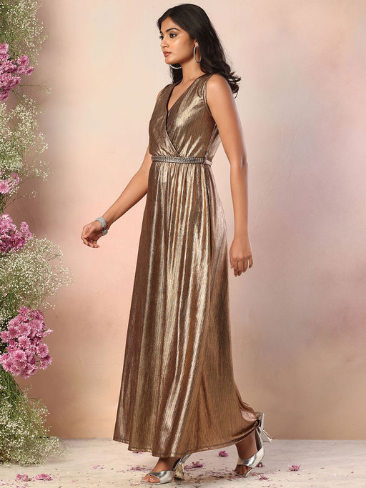 metallic wrap maxi dress Jluxlabel Women's Metallic Celestina Draped Maxi Dress