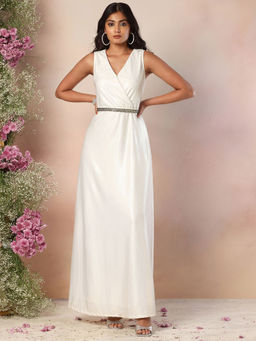 FabAlley - Ivory Metallic Wrap Maxi Dress with Embellished Belt (Set of 2)