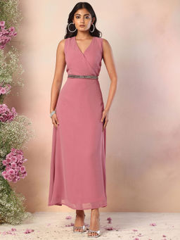 FabAlley - Pink Sleeveless Maxi Dress with Embellished Belt (Set of 2)