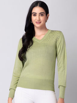 FabAlley - Green Full Sleeve Embellished Sweater