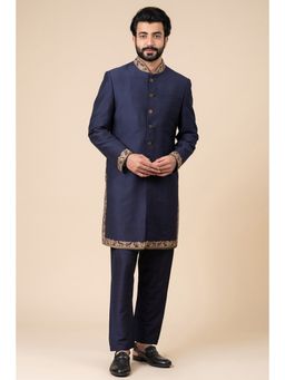 TASVA - Navy Blue Solid Sherwani and Pant