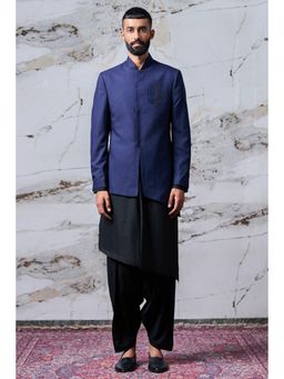 TASVA - Navy Blue Solid Sherwani with Kurta and Dhoti
